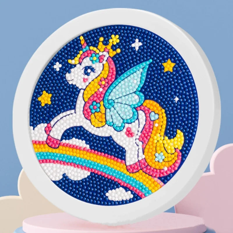 Flying Unicorn Animal Printed Fabric DIY Diamond Painting Kit with Plastic Round Frame for Kids