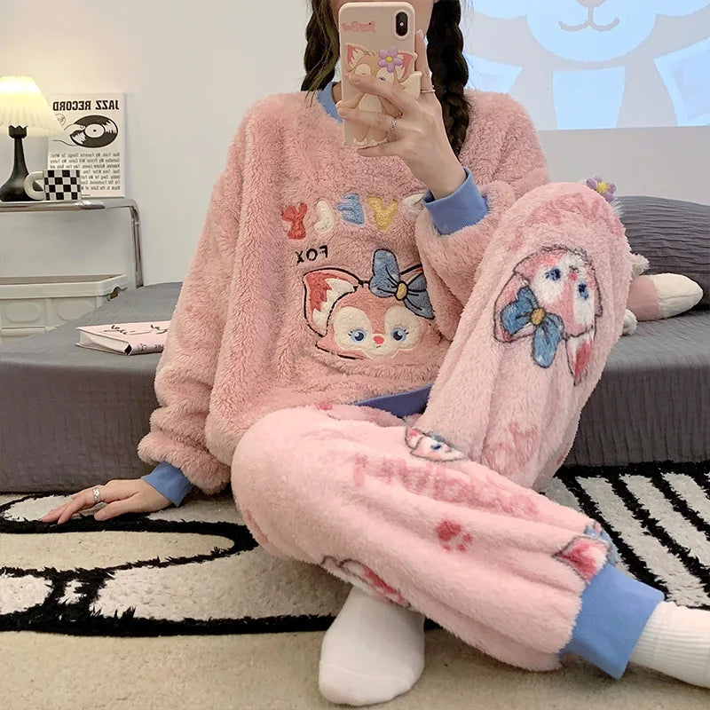 Girls' Long Sleeved Thickened Coral Velvet Household Clothes Cartoon Embroidery Pajamas