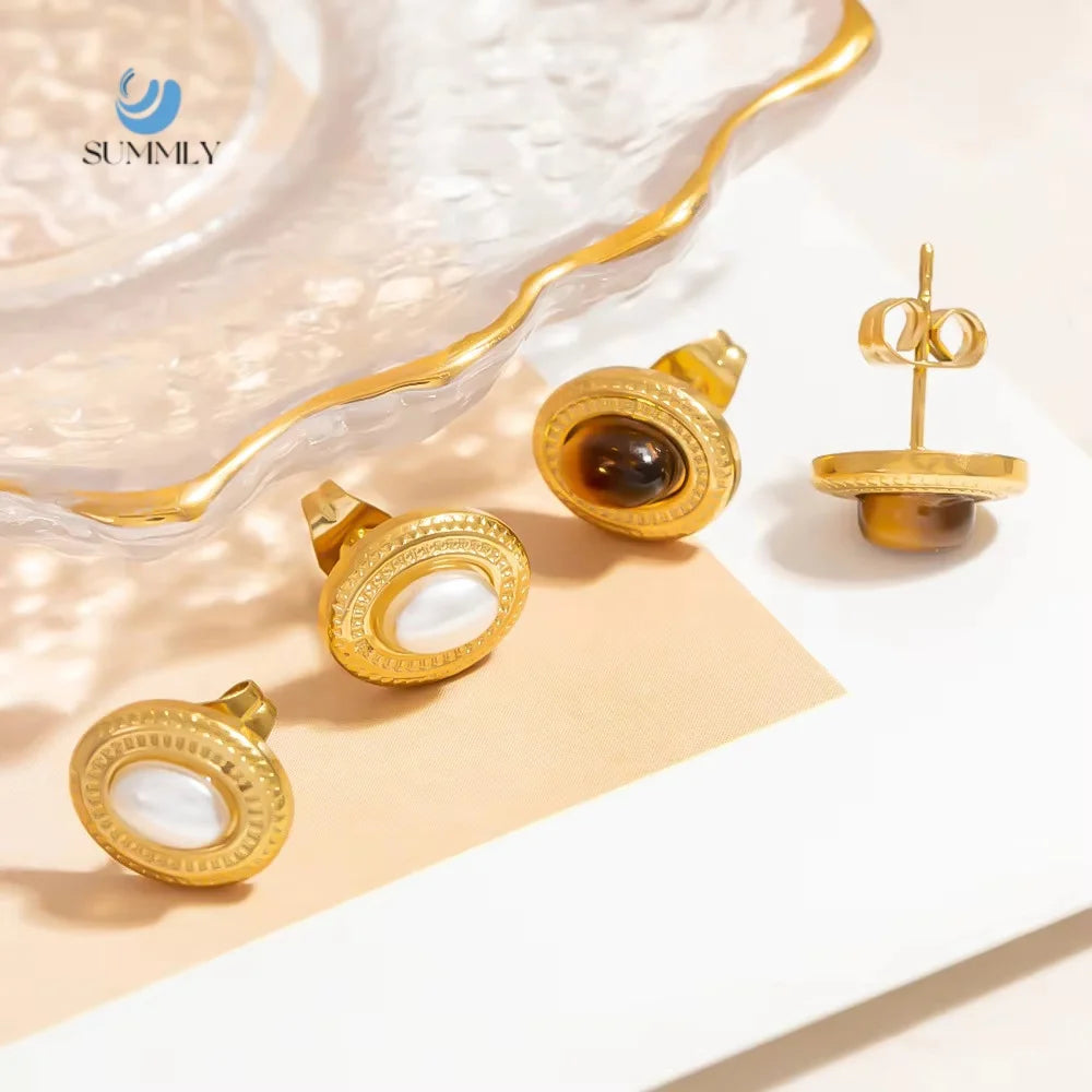 SUMMLY Vintage Wholesale Natural Stone Inlaid 18K Gold Plated Stainless Steel Stud Earrings Fashion Jewelry