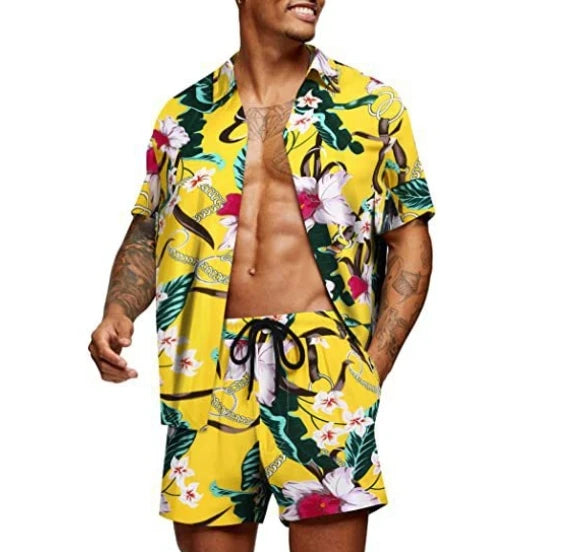 Clearance Sales Men Summer Fashion Print Sets Short Sleeve Casual Shirt Beach Shorts Set Stylish Hawaiian Suits for Vacation