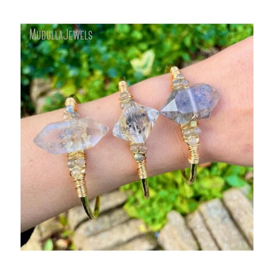 BM46718 Raw Herkimer Diamond Crystal Quartz Labradorite Gemstone Free Form Arm Cuff Bangle 18k Gold Plated Adjustable Bracelet