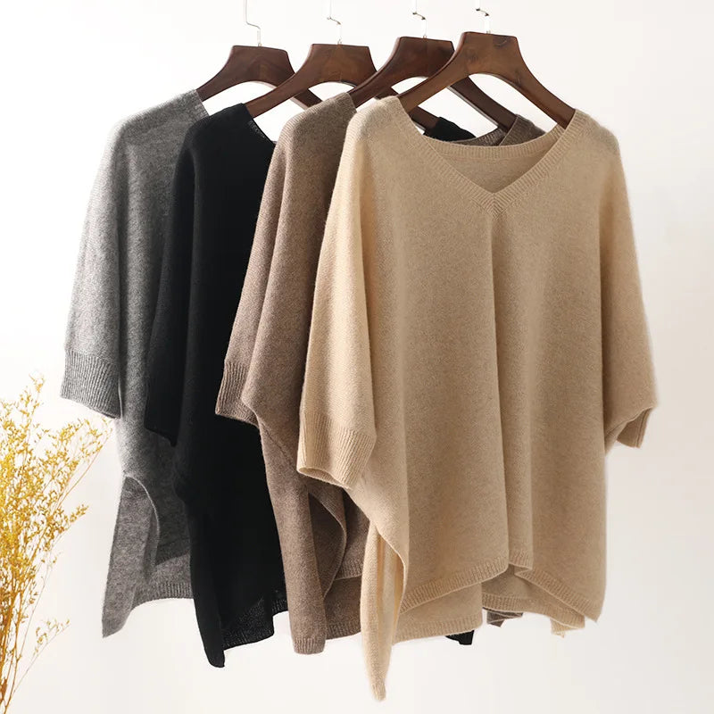 2026 Autumn Winter V-Neck Casual Knitted Top Regular Sleeve Long Solid 100% Cashmere Poncho Jumper