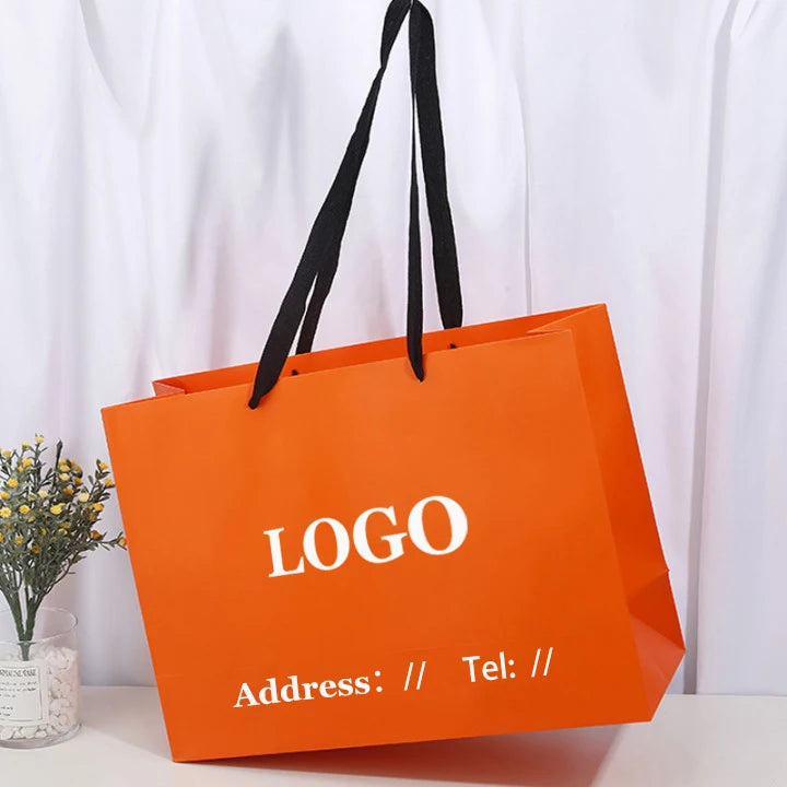 Luxury Gift Shopping Package Jewelry Clothing Orange Paper Bag With Logo Print Custom