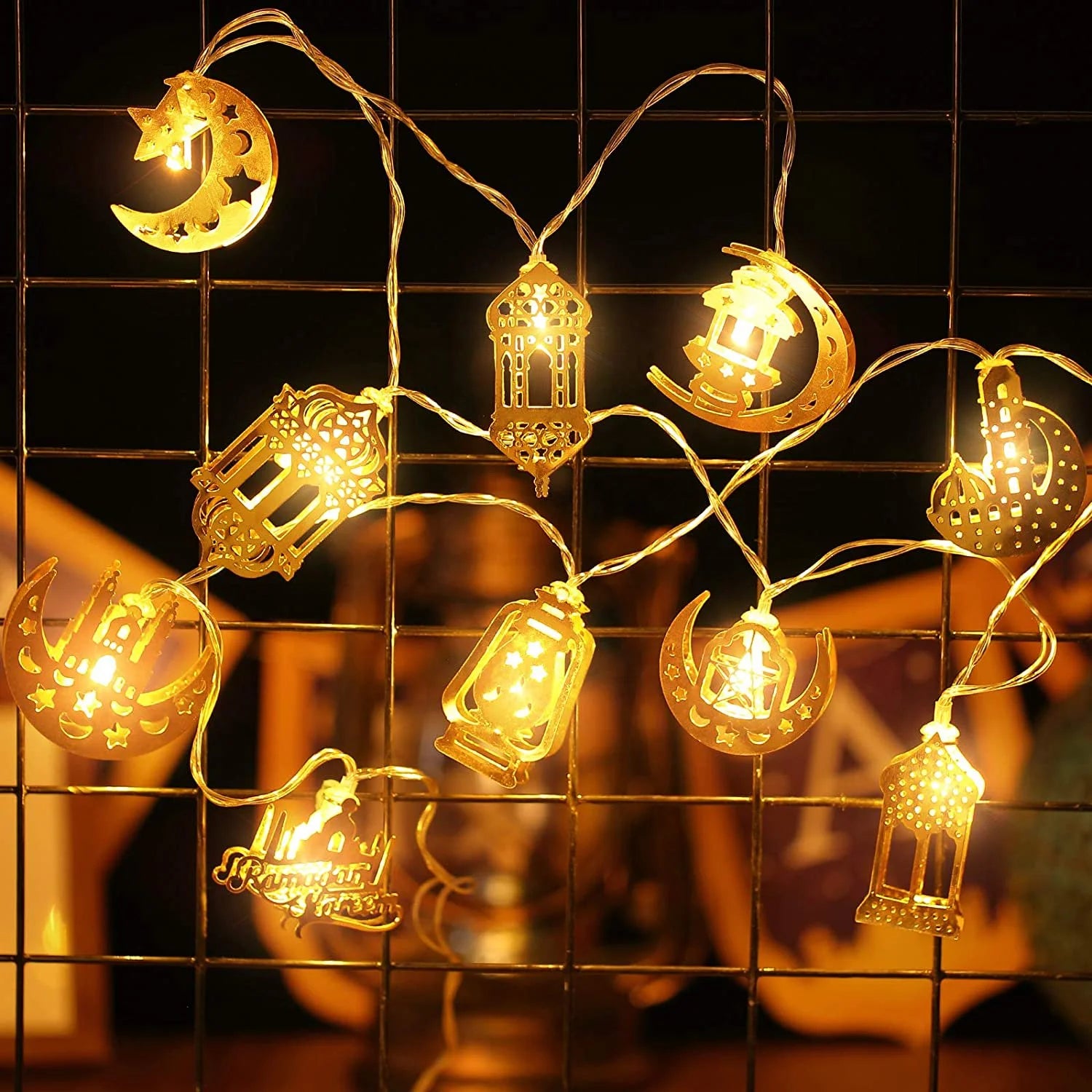 Attractive Ramadan Eid String Lights Golden Moon Star Kerosene Lantern Lamp 3 AAA Battery Outdoor Operated Hanging Decoration