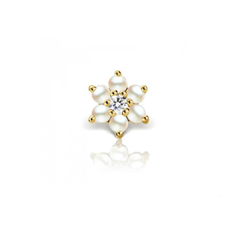 AIJIER Korean Women's Classic Pearl Ear Bone Screw Piercing Ball Stud Earrings Gold Rhodium Plating 925 Silver Flower Design