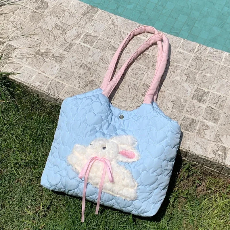 Large Capacity Women Plush Rabbit Shoulder Bag Contrast Color Female Shopping Bags Love Quilted College Girls Book Tote Handbag