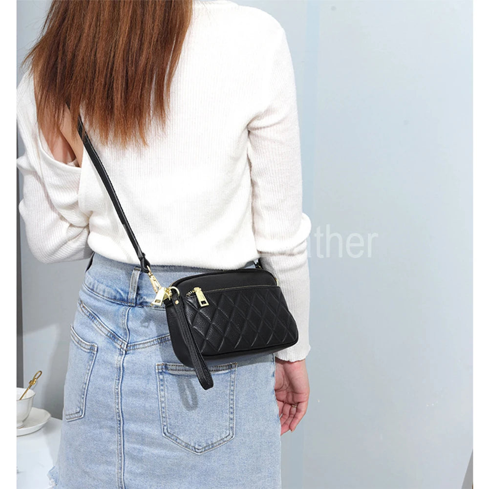 Small Shoulder Bags for Women Genuine Cow Leather Ladies Long Purse Phone Pocket Sling Bag Rhombus Pattern Cowhide