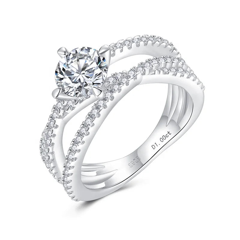 Luxury Jewelry Certificate VVS D Color 1ct 6.5mm Diamond Moissanite Wedding Rings Twisted 925 Sterling Silver for Women