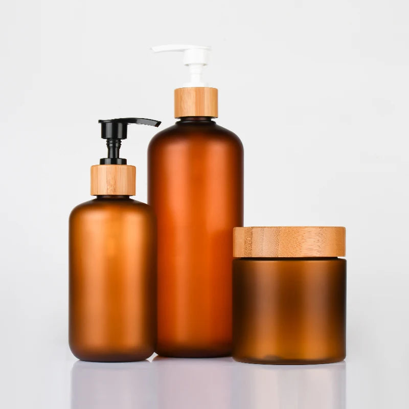 Low MOQ Cosmetic Package Personal Care Hotel Use  60ml 120ml 250ml 500mlplastic PET Cream Lotion Set with Wooden Bamboo Lid Cap