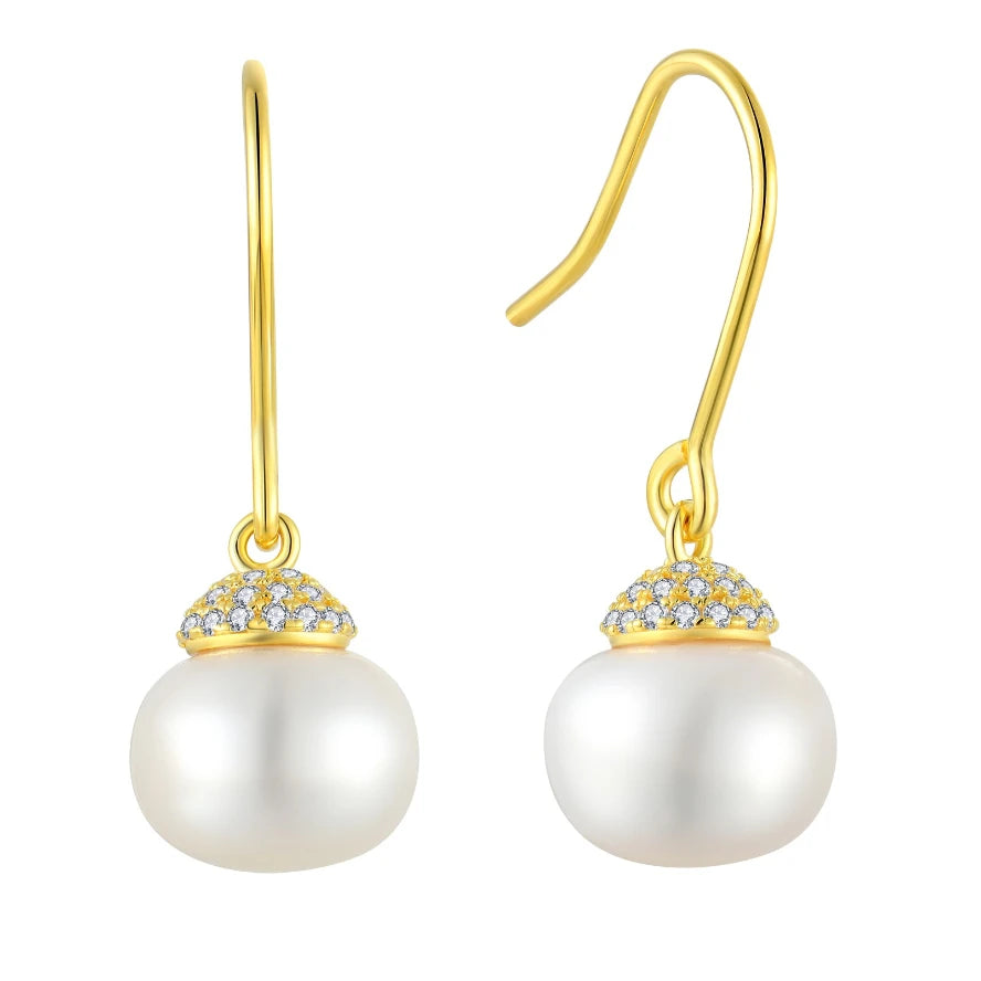925 Sterling Silver Bridal Pearl Drop Earrings for Women Gold Plated White CZ Pave Setting Elegant Drop Jewelry