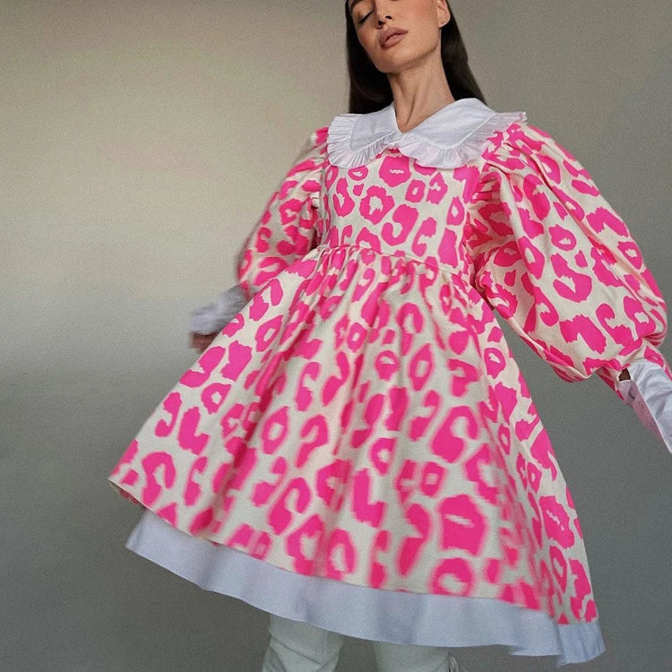 Fashion Patchwork Peter Pan Collar Zipped a Line Flared Printed Loose Casual Pink Leopard Dress Puff Long Sleeve Short Dresses