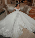 Luxury Lace Beaded Wedding Dresses Overskirt Removeable Train Tulle Vintage Off Shoulder Wedding Bridal Gowns Vestidos De Novia