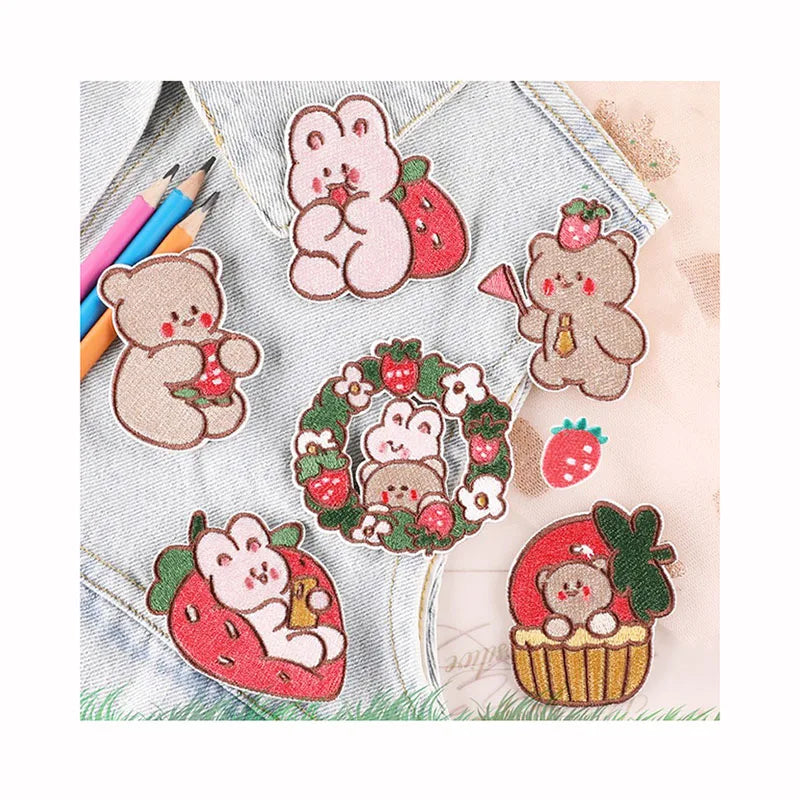 Custom Cartoon Strawberry Bunny Bear Patches for Stationery Box Notebook Diy Bag Shoe Embroidered Self-adhesive Garment Patch
