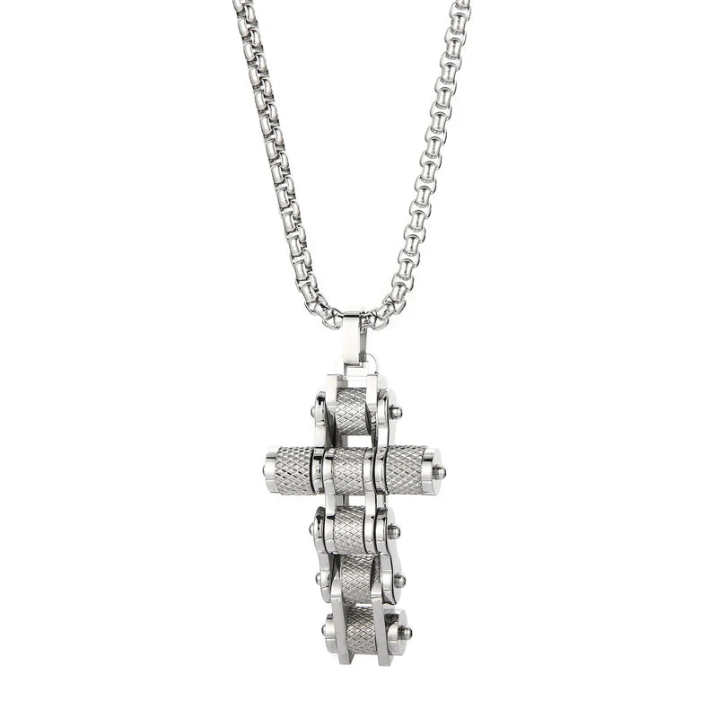 KALEN 660mm Unisex Stainless Steel Link Necklace With Mechanical Christian Cross Pendant