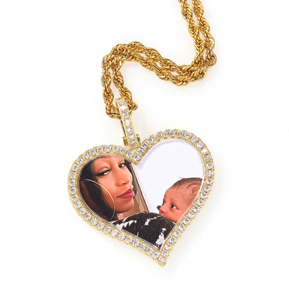 Personalized Custom Photo Heart Pendant Necklace Iced Out CZ Memorial Medallion Hip Hop Jewelry
