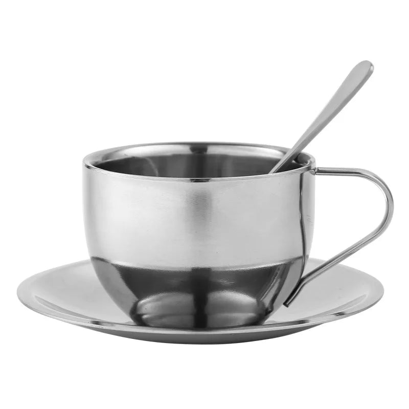 Stainless Steel Insulated Coffee Mugs Double Wall Tea Cup Saucer Cup of Coffee