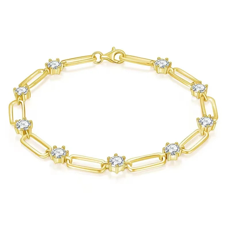 Ins Style 4.5mm Round D Color Moissanite 925 Silver Gold-Plated 18K Paperclip Necklace Bracelet