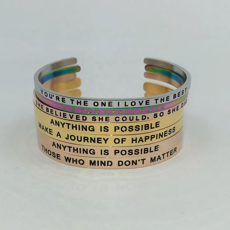 Wholesale Women Inspirational Jewelry Stainless Steel Mantra Custom Cuff Bangle Personalized Engraved Bracelet