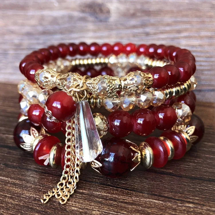 Wholesale Bracciale Con Perline Di Cristallo 4PCS/Set Crystal Beaded Bracelet Handmade Multi-layer Beaded Bohemia Bracelet