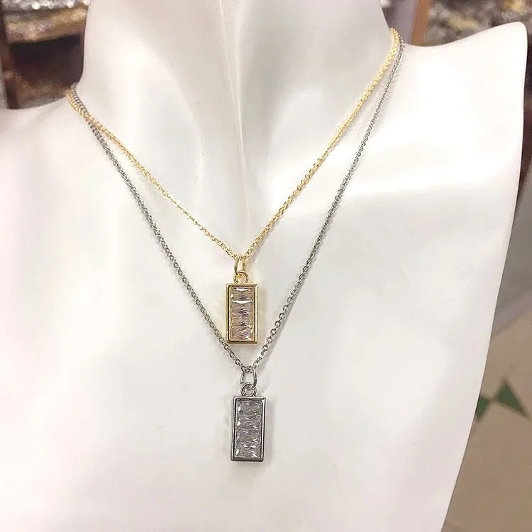 NZ1327 Trendy Simple Dainty CZ Rectangle Baguette Pendant Stainless Steel Chain Everyday Necklace for Women Ladies
