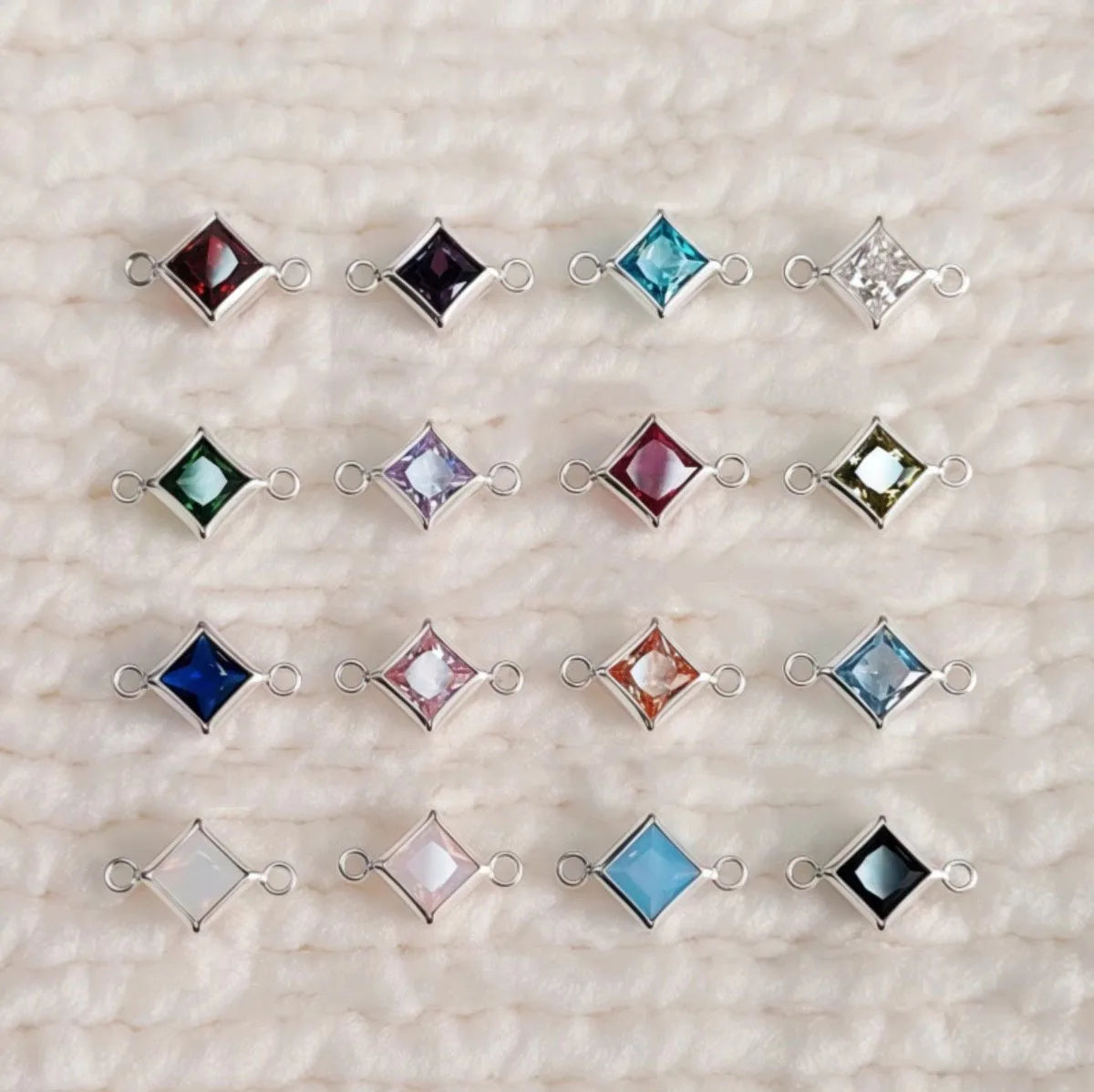 S925 Sterling Silver 4mm Square Birthstone Charm Pendants Multicolor CZ Connectors With Double Loops for Jewelry Making Supplies