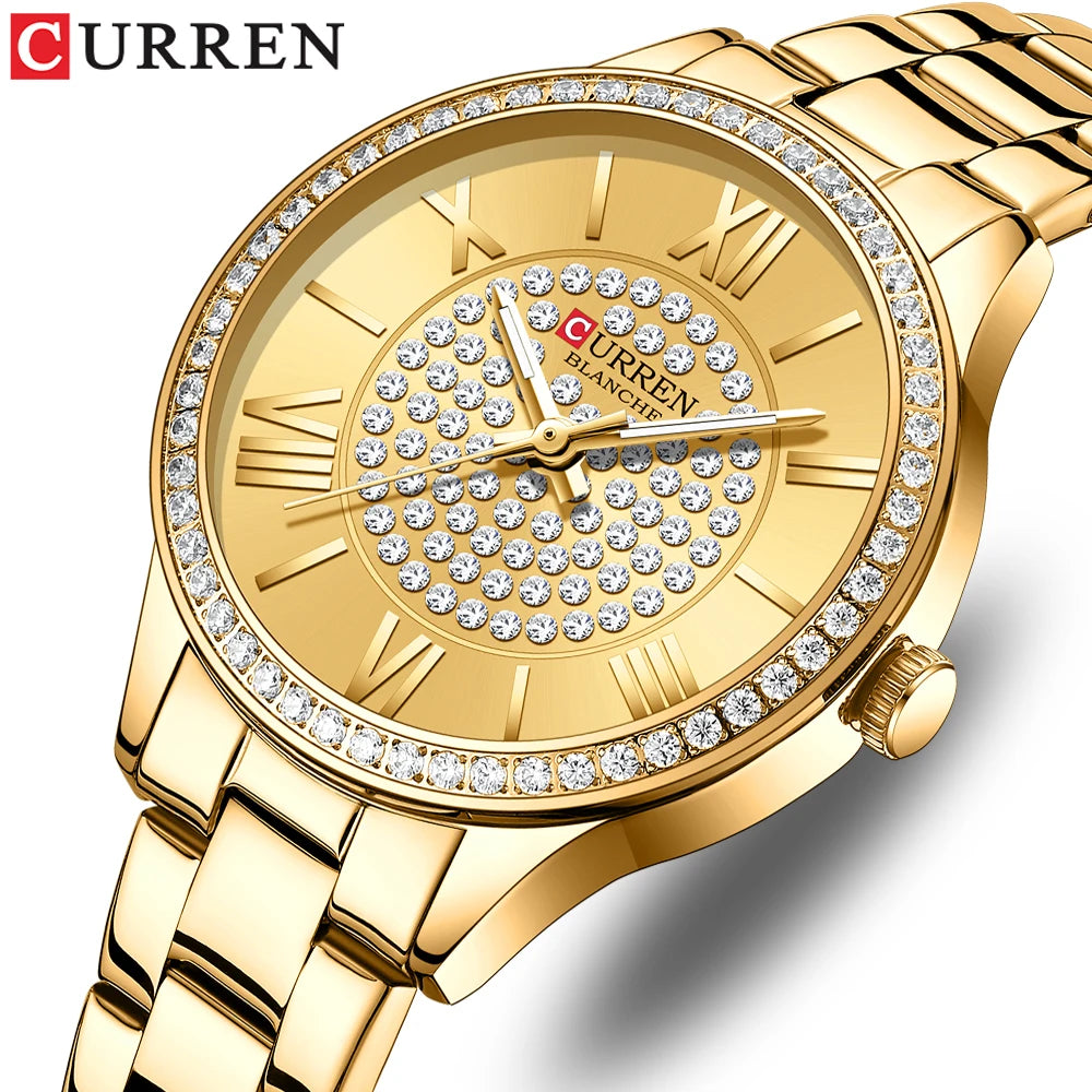 CURREN 9084 Women's Luxury Sport Business Watch New Rose Dial Rhinestones Pointer Stainless Steel Band Quartz Wristwatches Gift