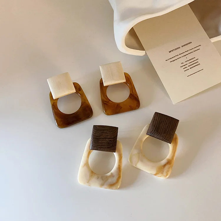 Mixed Hollow Double Square Wooden Earrings Irregular Statement Wood Resin Earrings for Women Trendy Korean Minimalist Jewelry