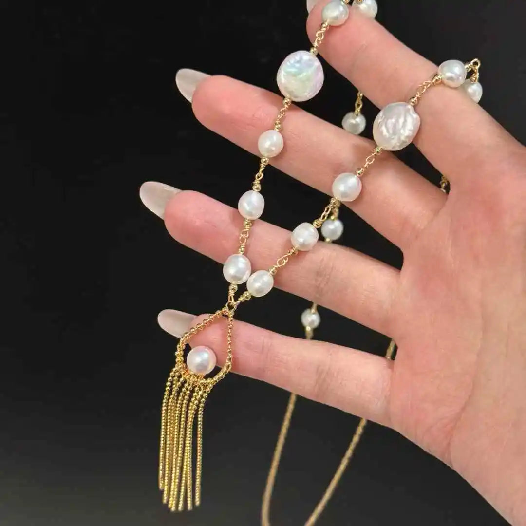 Handmade New 11-12MM Freshwater Button Baroque Pearl Necklace with 6-7MM Freshwater Pearl Necklace Sweater Chain Included