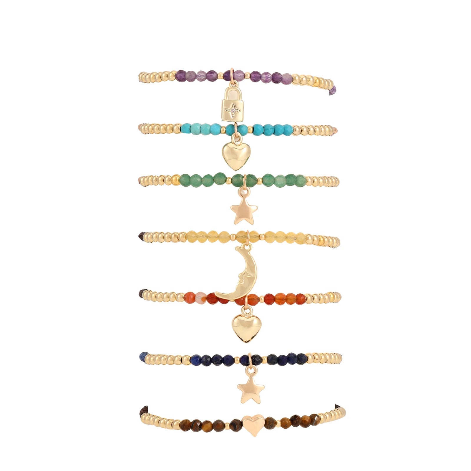 18K Gold Heart Lock Charm Bracelet Bohemian Natural Gemstone Handmade Minimalism Tiger Eyes Beads Adjustable for Couples Gift