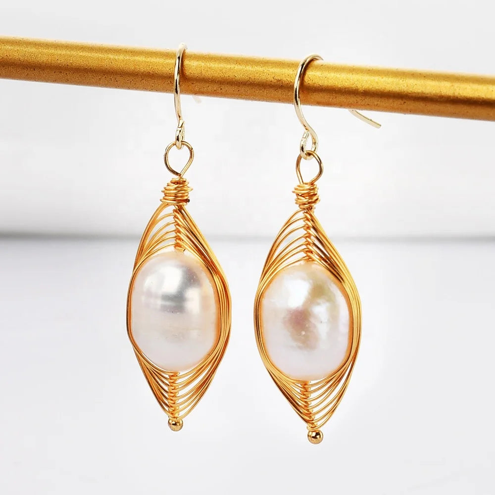 WX2106 Real Gold Plated Wire Wrapped Women Natural Freshwater Pearls Hoop Earrings