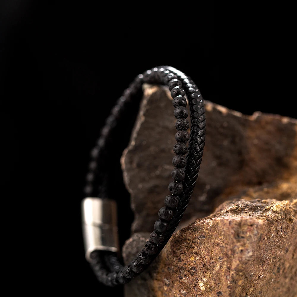 New Design Natural Bead Leather Bracelet Handmade Leather Jewelry Stainless Steel Braided Leather Bracelets for Men