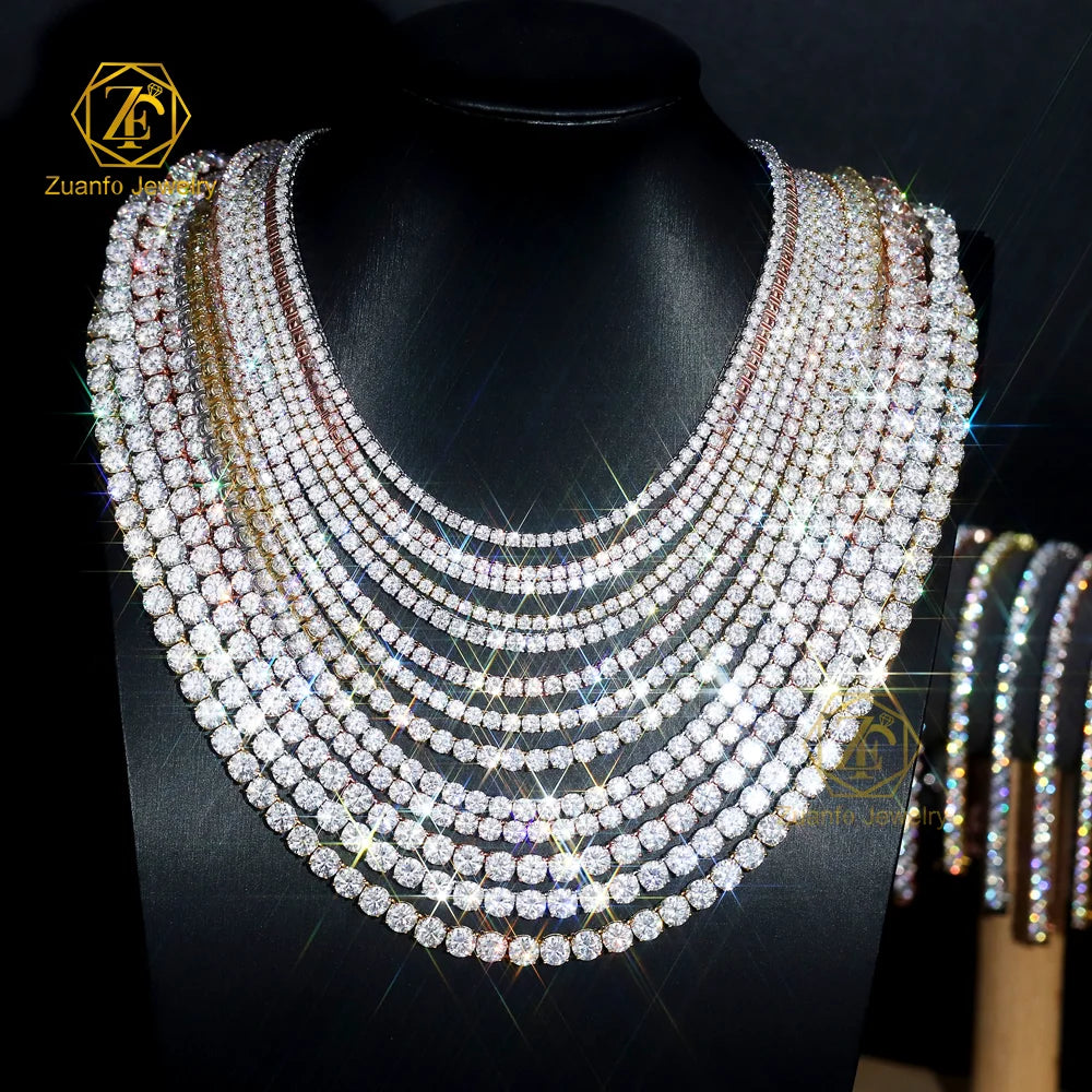 Factory Price Rhodium Plated 925 Sterling Silver Moissanite  2mm 3mm 4mm Tennis Necklace  Moissanite Tennis Chain Tariff Free