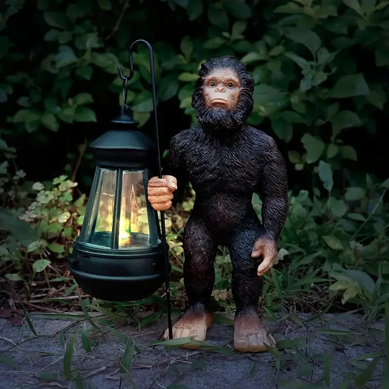 Solar Powered Bigfoot Garden Statue with Vintage LanternRealistic Fur Texture&Weatherproof ResinOutdoor Yard Decor for Pathway