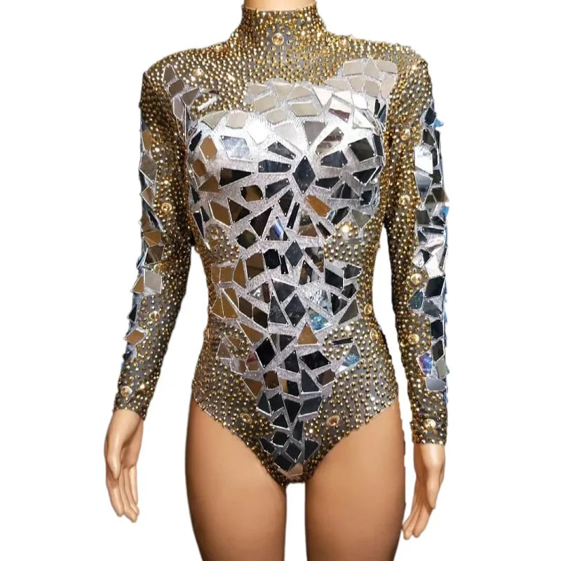 Jazz Dance Unitard Stage Costume Women Sexy Club Party Jumpsuits Performance Wear Sparkly Rhinestones Sequins Mirror Bodysuit