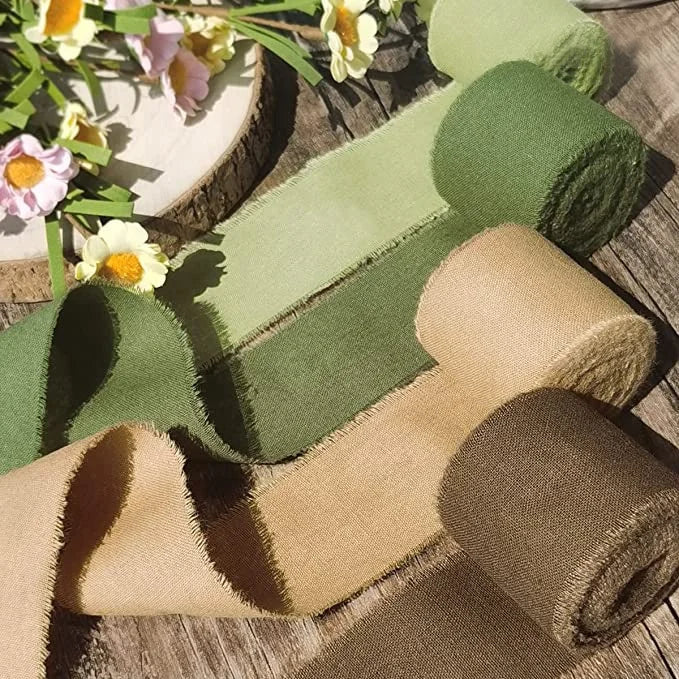 Eco-Friendly Handmade 1 1/2 Inches Wedding Green Cotton Frayed Ribbon for Gift Wrapping Wedding Invitation Decorations