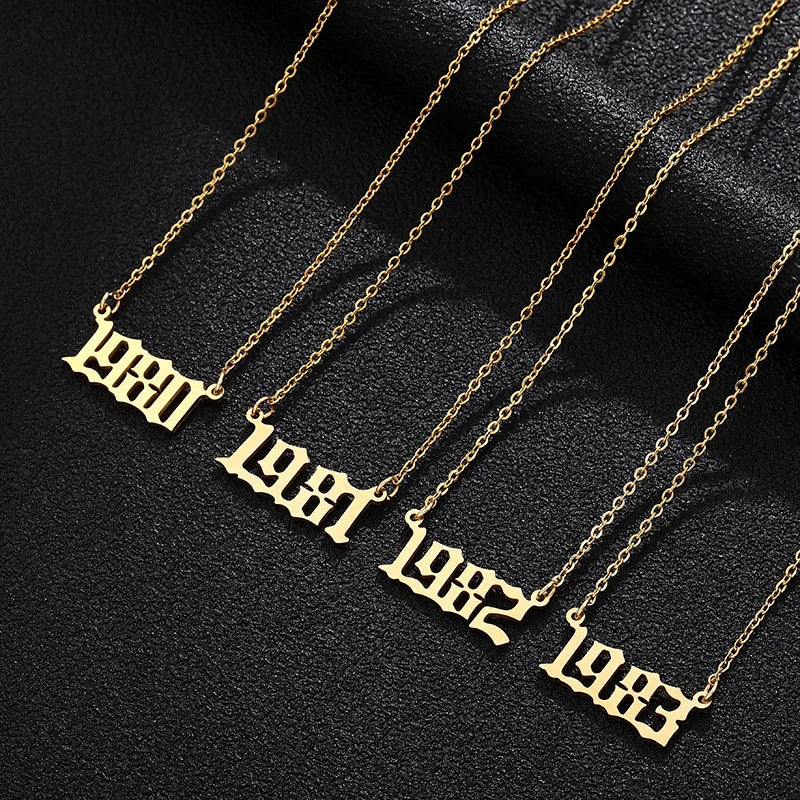 New Trendy Gold Plated Stainless Steel Non-Tarnish Link Chain Number Pendant Necklace Birth Year Minimalist Unisex Claw Setting