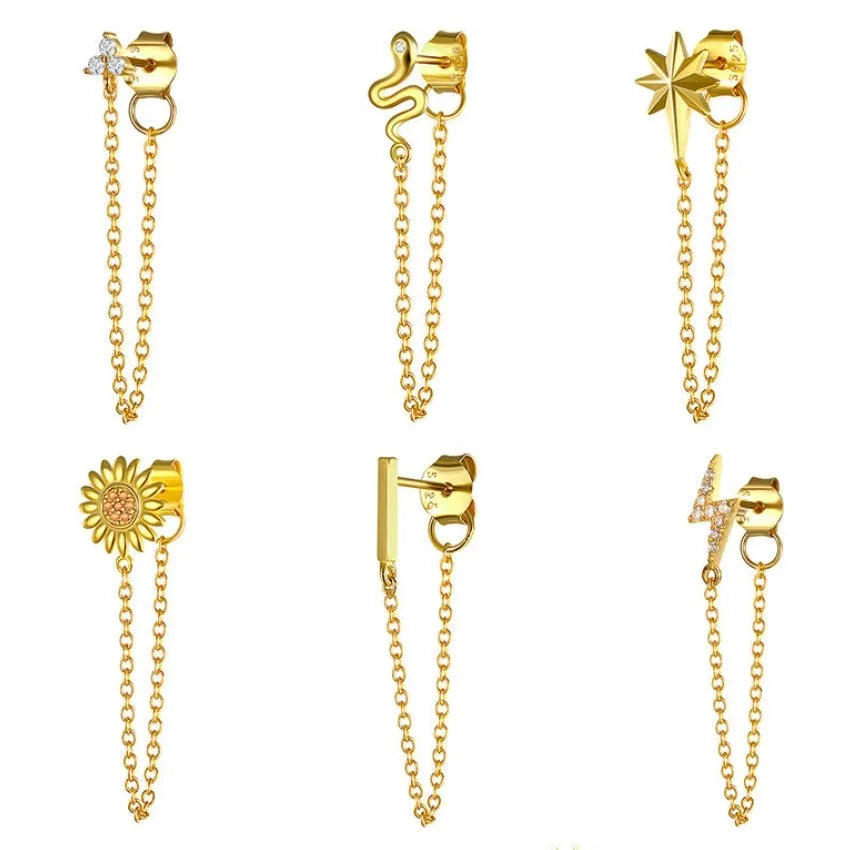 Minimalist Jewelry 925 Sterling Silver Cute CZ Stone Zircon Snake Sun Flower Small Stud Earrings Gold Long Chain Hoop Earrings