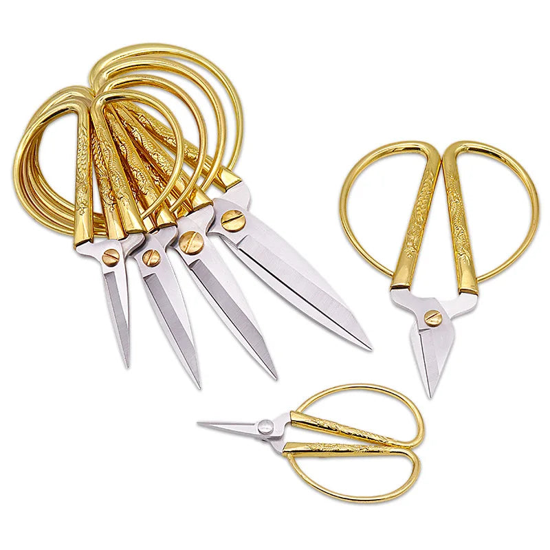 Golden Plated Dragon Phoenix Embroidery Sewing Scissors Stainless Steel with Ribbon Cutting Handle for Opening Ceremonies
