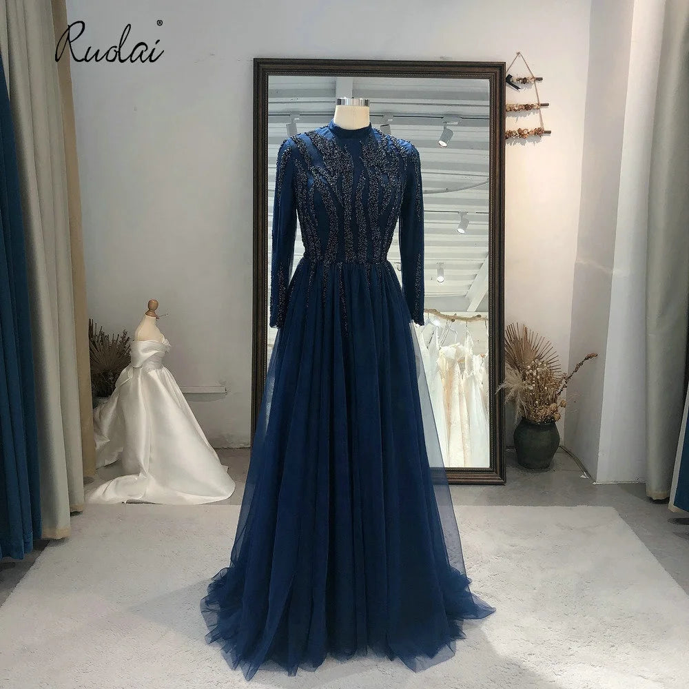 Ruolai OEV-L4371 Elegant High Neck Long Sleeve Muslim Long Dress Beading Women for Party Evening Dresses