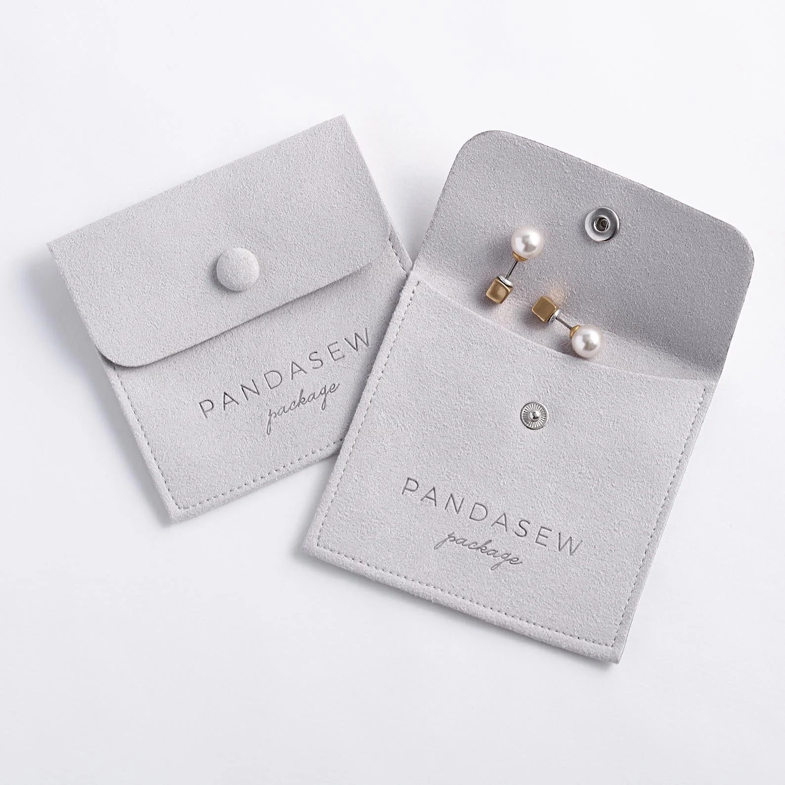 PandaSew Gray Custom Logo Necklace Packaging Bag Microfiber Jewelry Pouch with Button