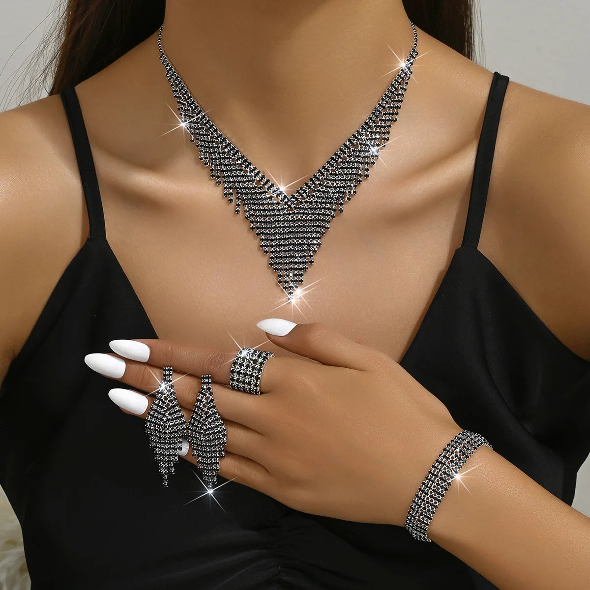 BASQUESUN Factory Wholesale Custom Hot Selling Fashion Tassel Blackzircon Necklace Earrings Light Luxury Temperament 2-piece Set