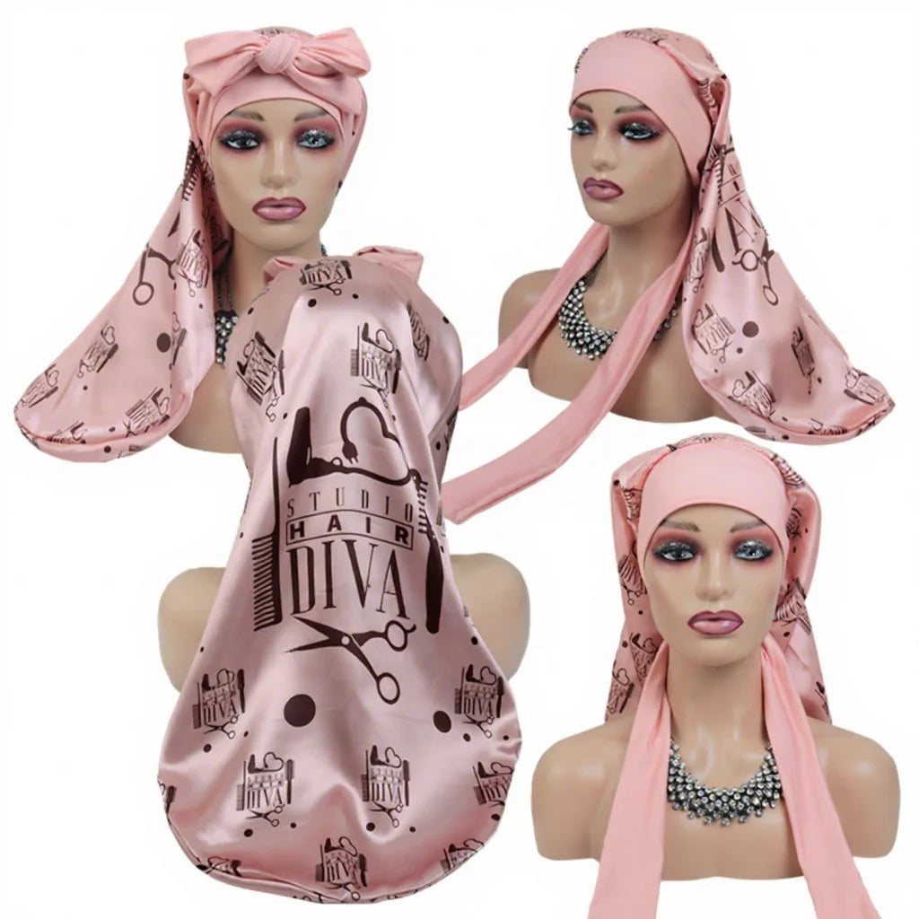 Custom Logo Soft Long Tail Satin Sleep Cap for Women Braids Long Hair Adjustable Silk Slap Clasped Bonnet