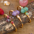 Luxury Gold Plated Double-Point Hexagon Natural Stone Bangle Open Cuff Bracelets for Gift or Party-Citrine Labradorite Apatite