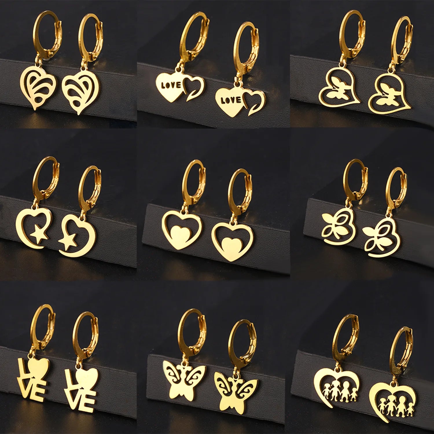 DAIHE Fashion New Heart Butterfly Drop Earrings Gold Plated Waterproof Stainless Steel Woman's Earrings