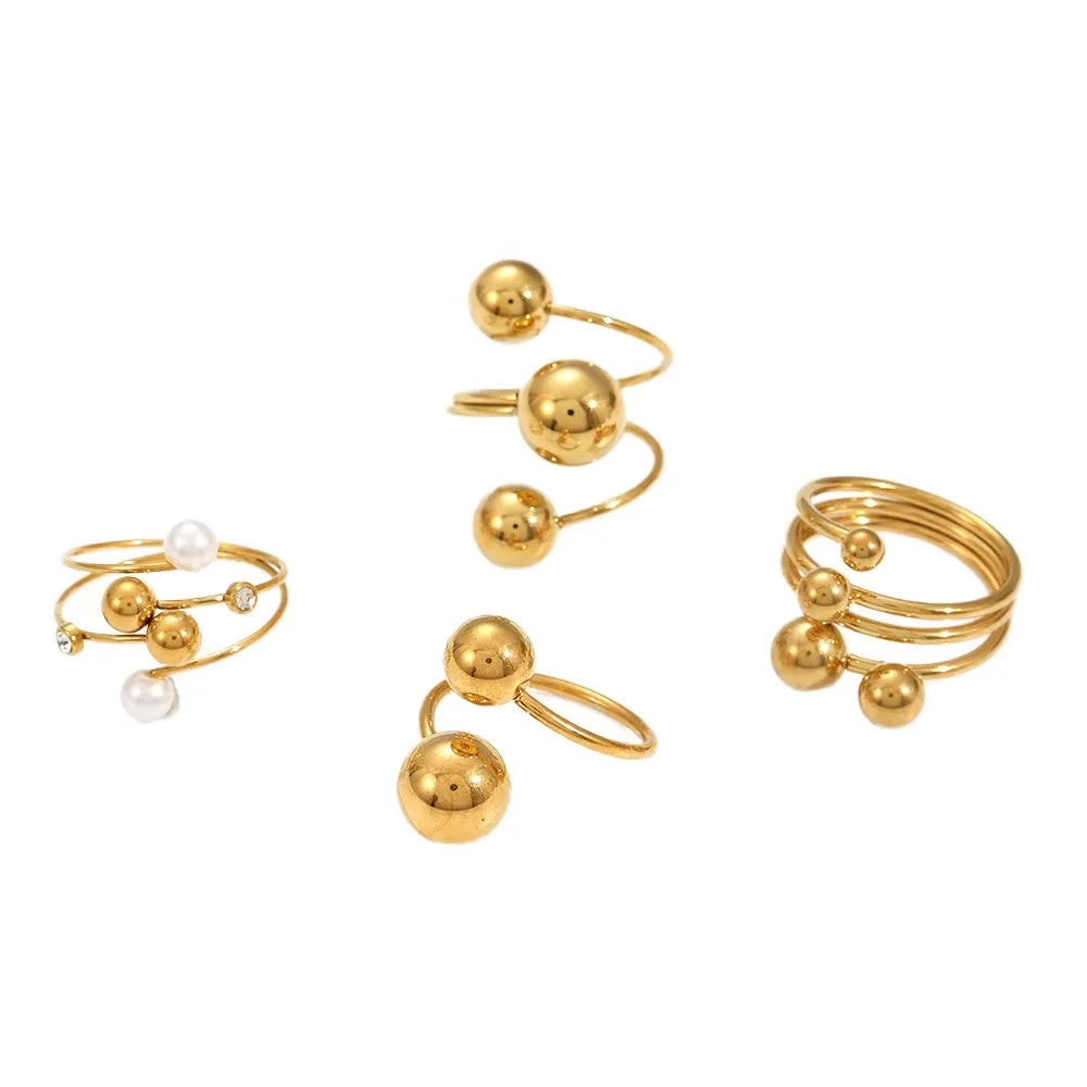 Europe and America Round Beaded Finger Ring Stainless Steel Gold Plated Beads Open Ring Bijoux En Acier Inoxydable