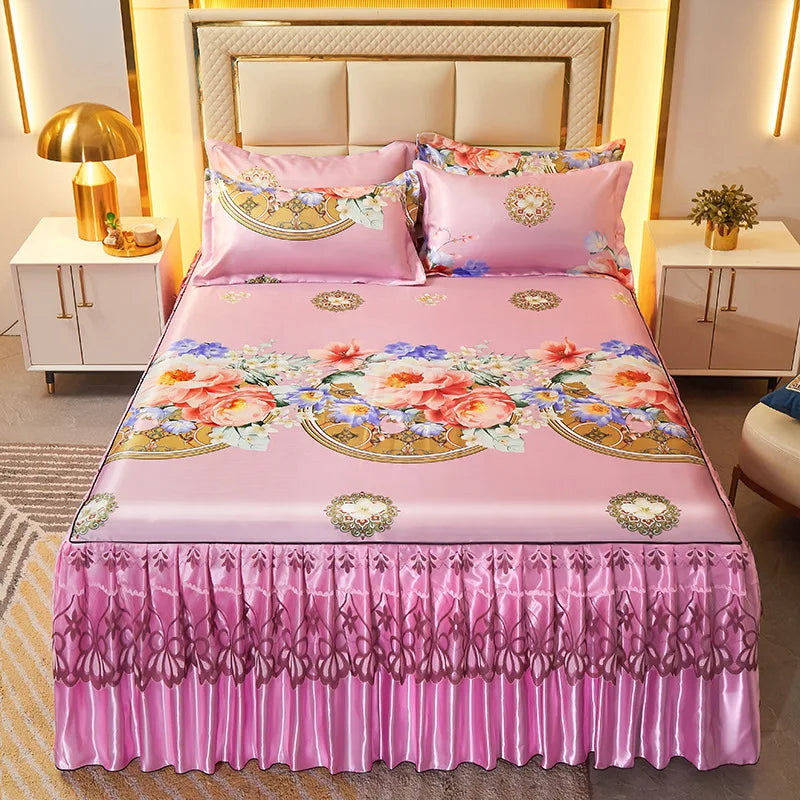 Ice Silk Bed Skirt Lace Summer Mat Parisian Style Sea of Flowers Bed Linen 2 Pillow Cases+bed Skirt Sets Full Queen king Size