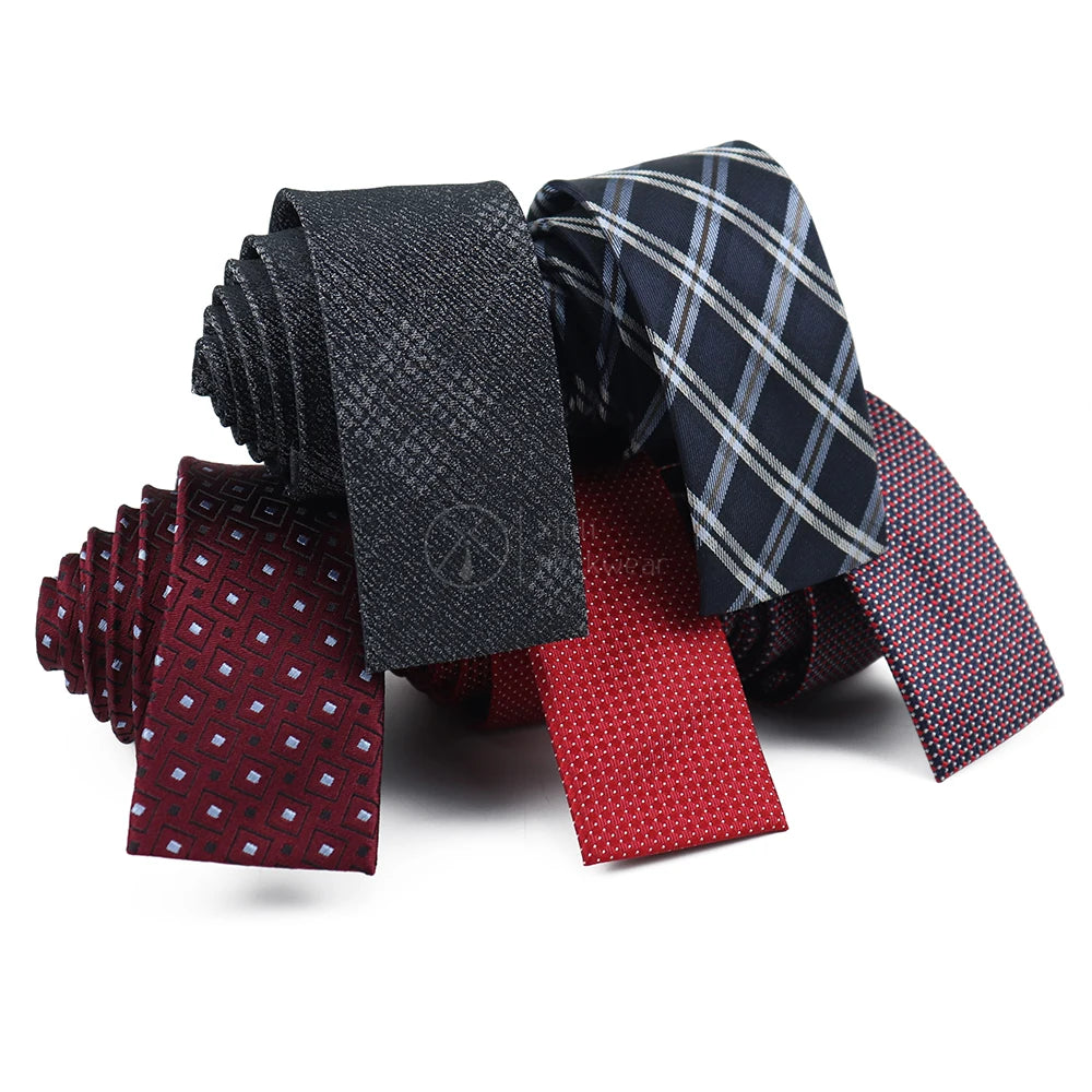 Premium Ready Made Five Colors Flat End Neck Tie Unisex Red Blue Gray Geometric Skinny Silk Ties for Suit