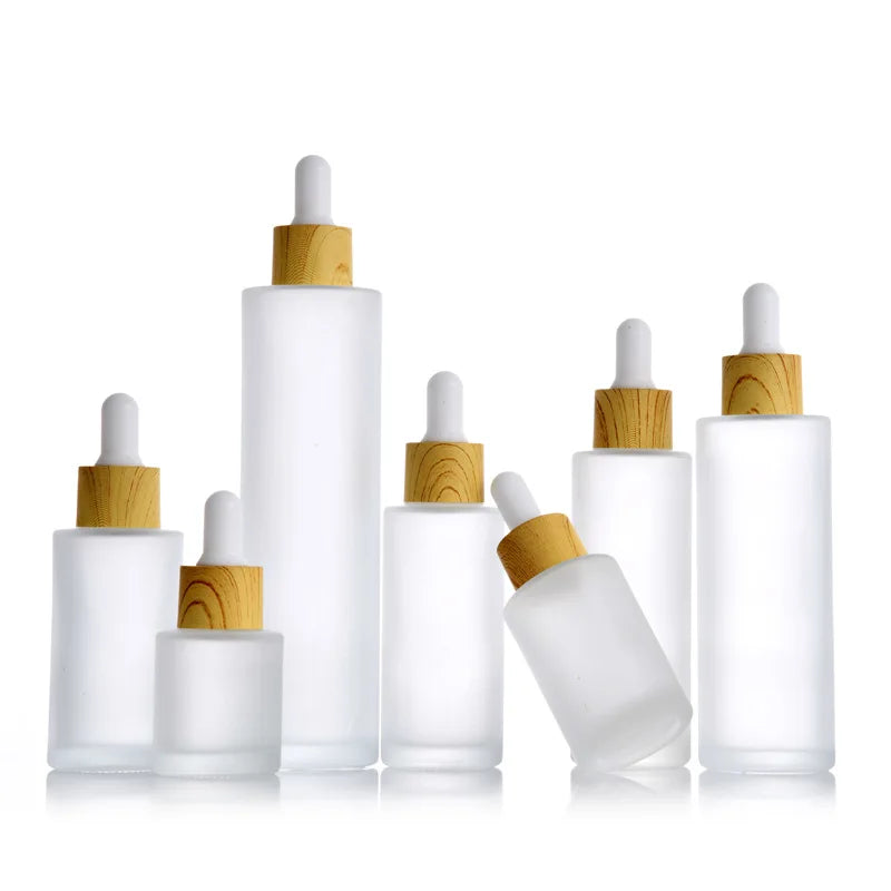 Square Flat Shoulder 20ml 25ml 30ml Skincare Essential Hair Oil Bottle Frosted Clear Glass Bamboo Serum Bottles Dropper
