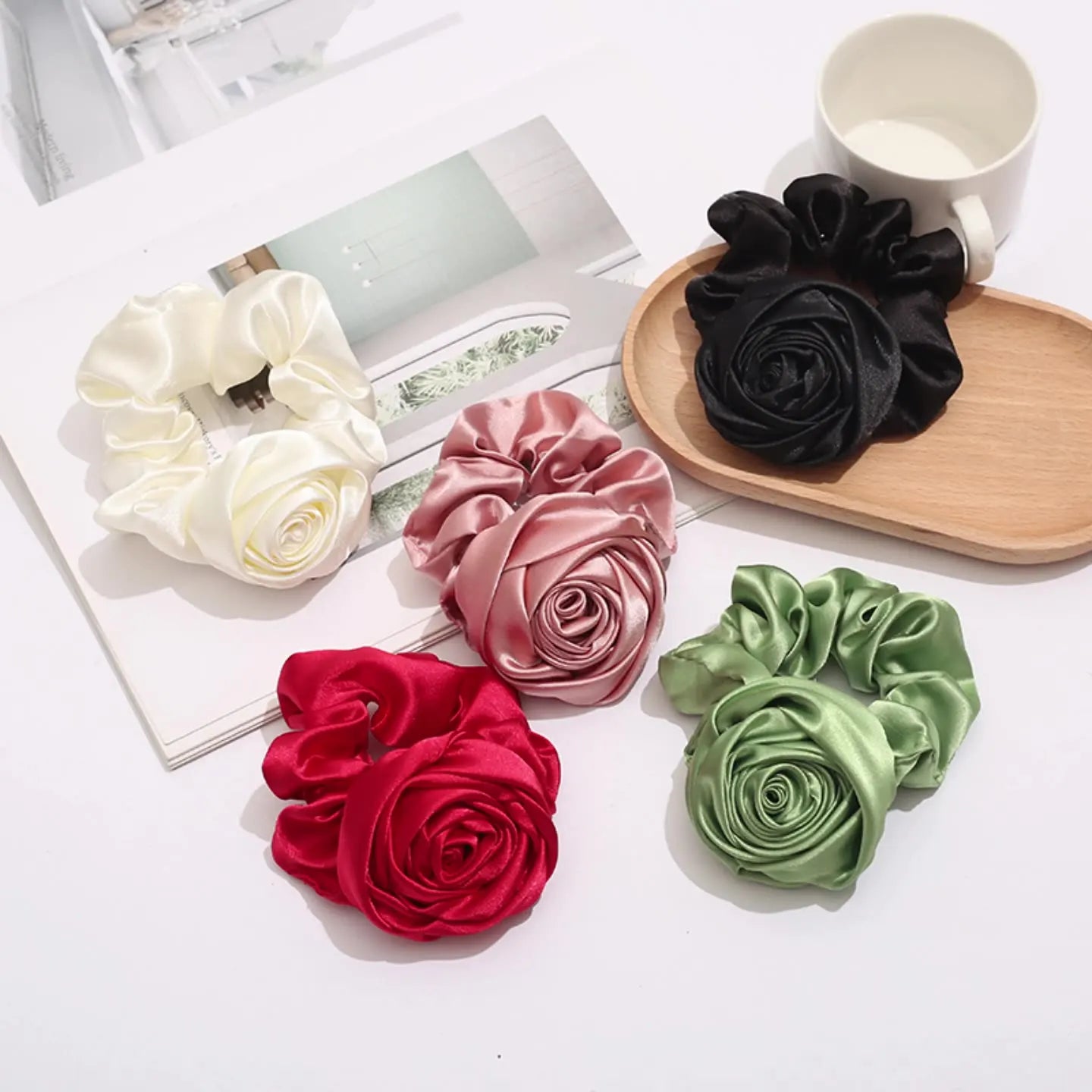 Fashion French Vintage Rose Hair Scrunchies Satin Silk White Elastic Hair Bands Flower Hair Ring for Women Accessories
