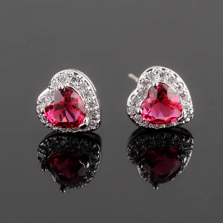 High Quality Copper Cubic Zircon Heart Stud Earrings Silver Needle Post Small Colorful Ruby Crystal Earring for Girl Gifts